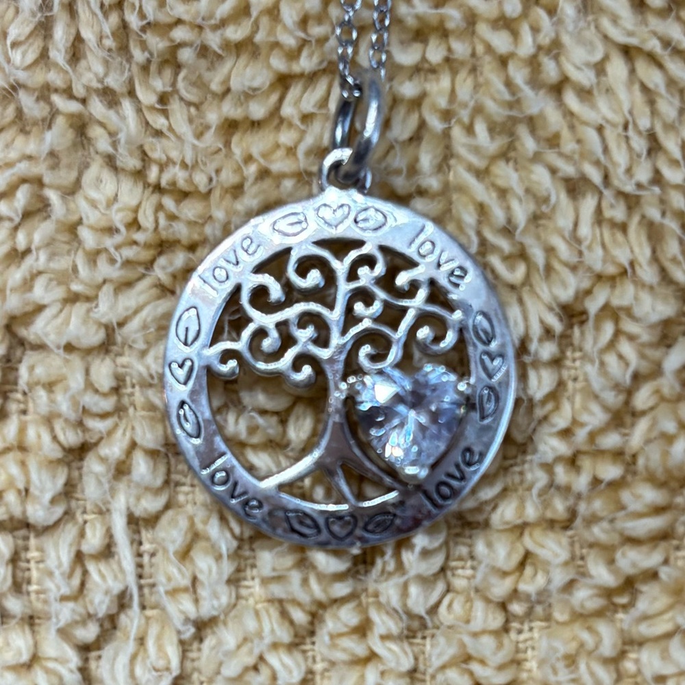 Sterling Silver Tree of Life Pendant with CZ Heart Necklace.